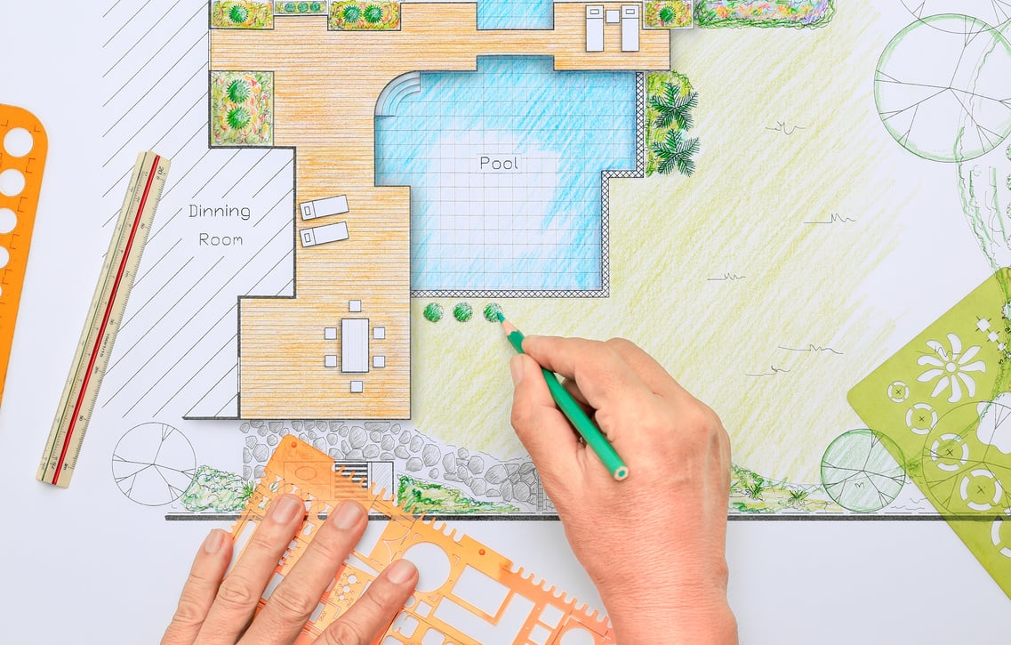 Backyard garden and pool design plan for villa.